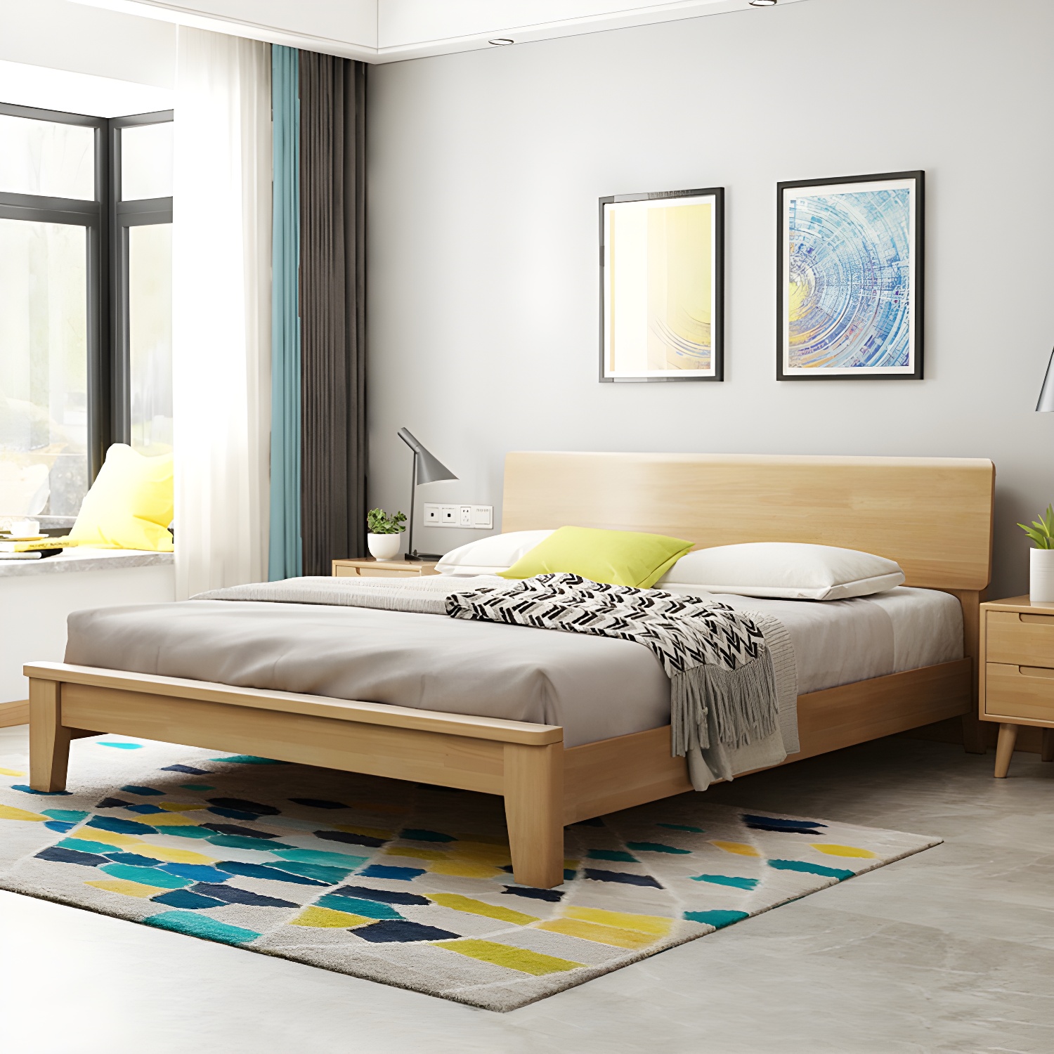 84.65 inch Wide Mid-century Bed Frame Rubberwood Bed with Headboard