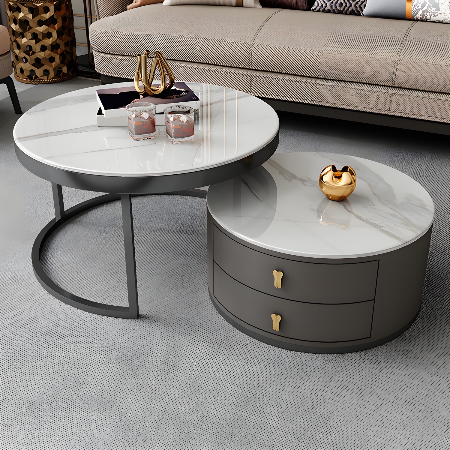Modern Coffee Cocktail Table Round Nesting Coffee Table Set with Drawer - image 5