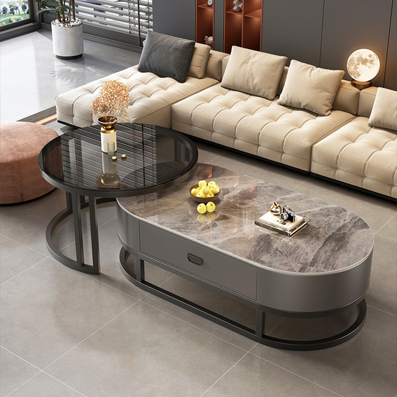 Set of 2 Modern Nesting Stone Coffee Tables with Metal Frame and Drawers - image 5