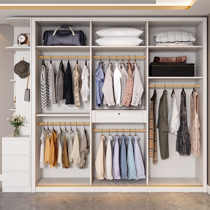 White Minimalist Manufactured Wood Wardrobe Closet with Compartments, Interior Shelves, and Clothing Rod - image 9