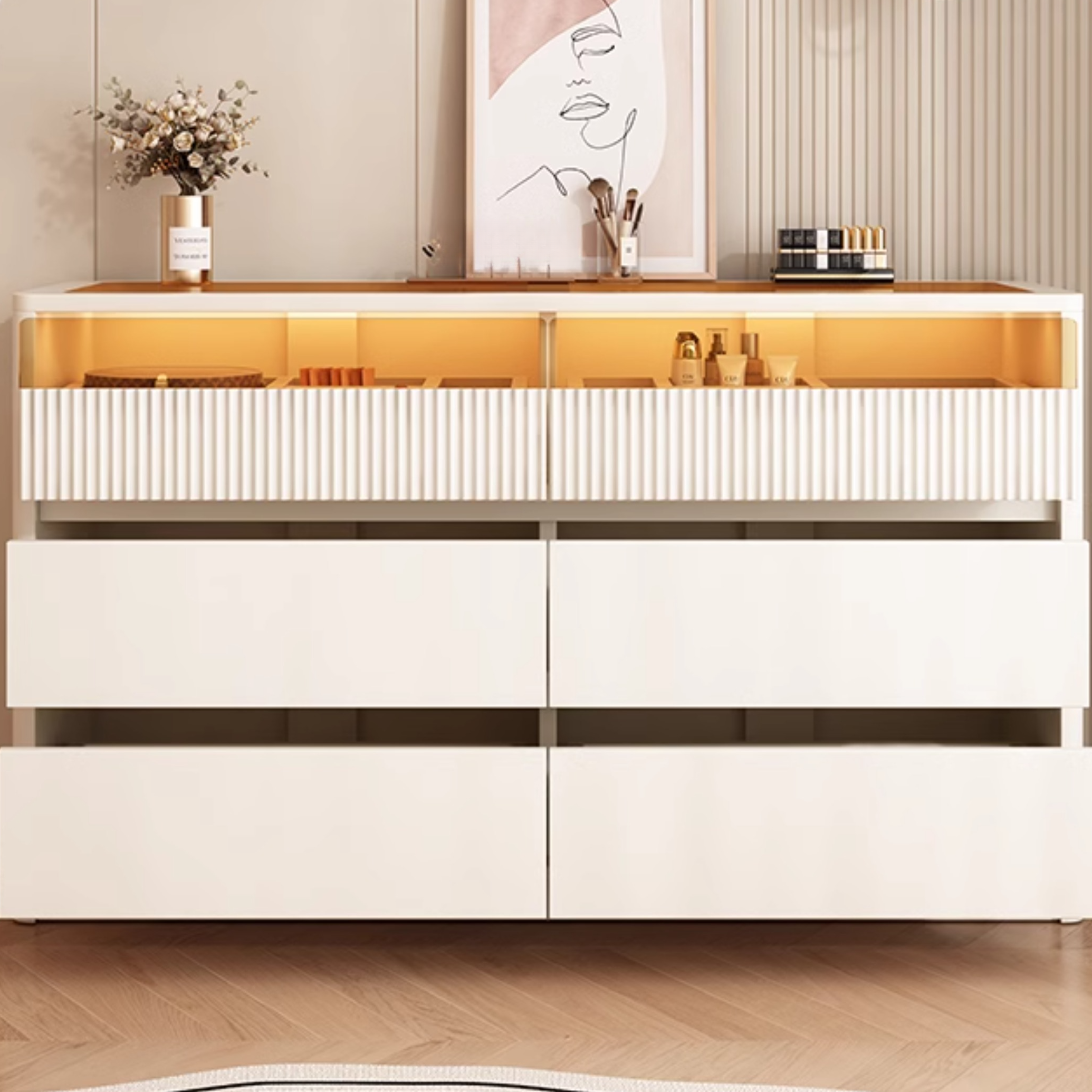 Chalk Art Deco Timber Console Dresser/Bachelor Chest with 6/8/3 Drawers, Horizontal/Vertical Orientation, LED Lights - image 3