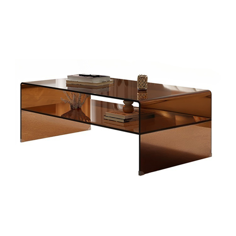 Rectangular Brown Glass Modern Coffee Table with Sled Base and Storage - image 5