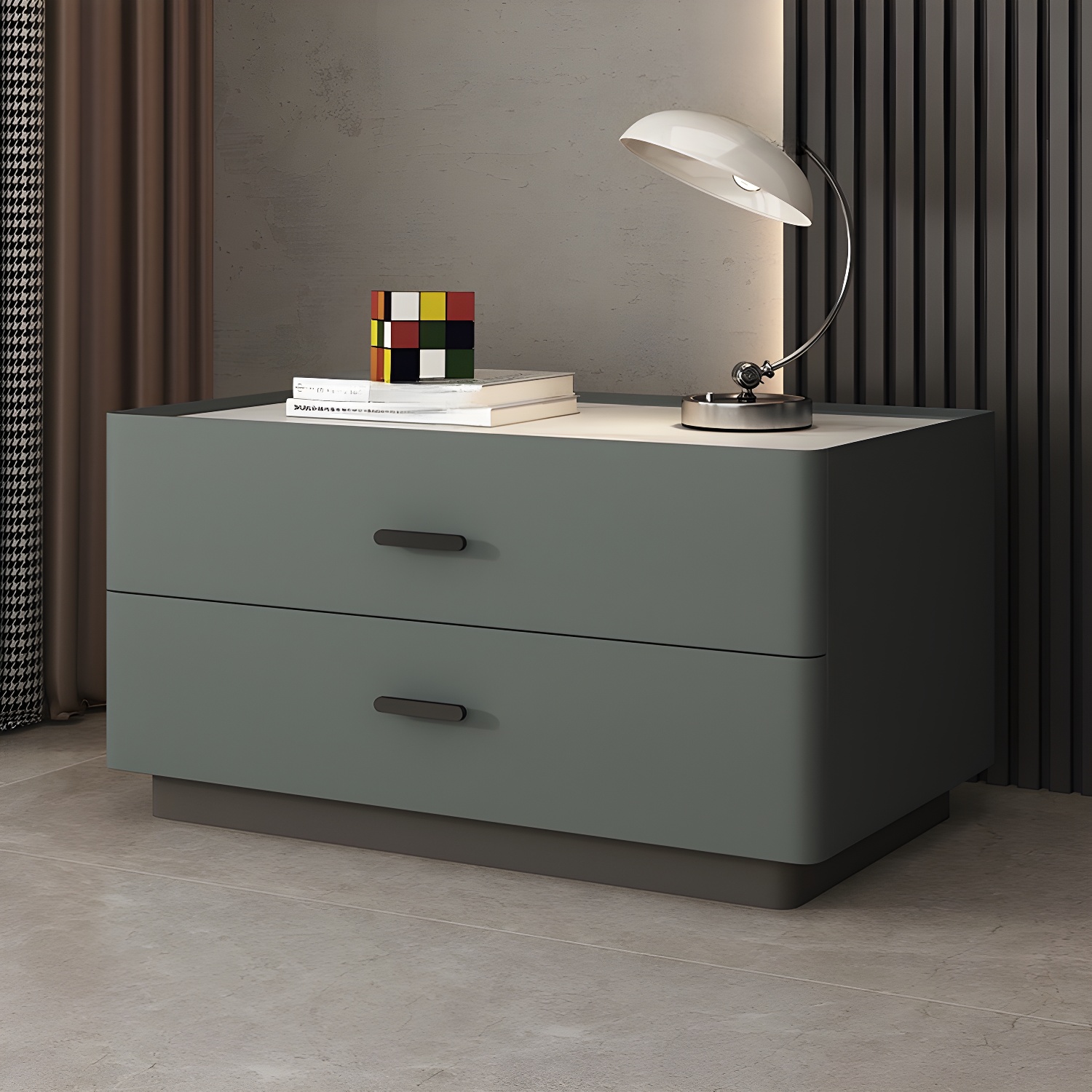 Elegant Two-Drawer Faux Leather Nightstand with Stone Countertop in Low Height for Modern Homes - image 4