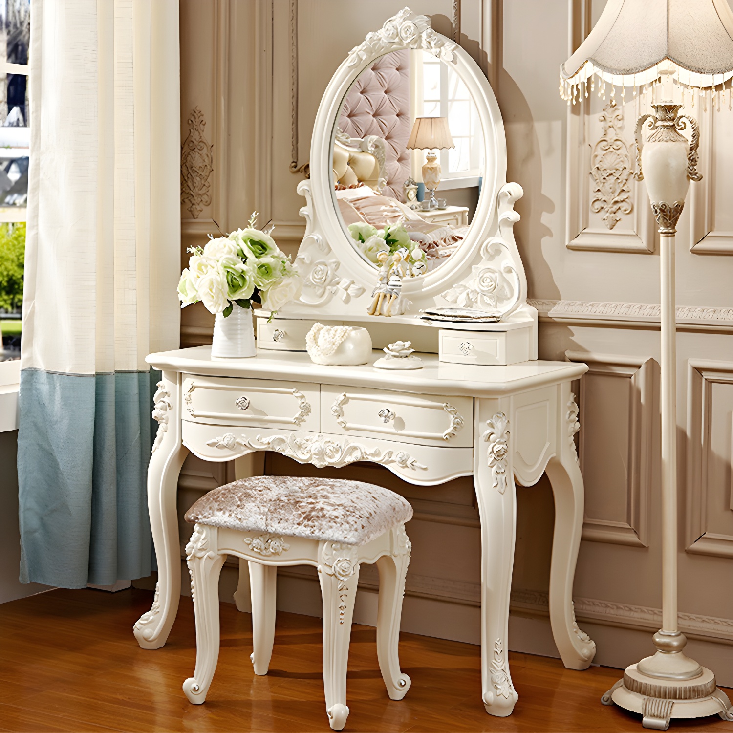 Victorian 33.4"/41.3" Wide Wood 4 Drawers Mirrored Makeup Vanity - image 4