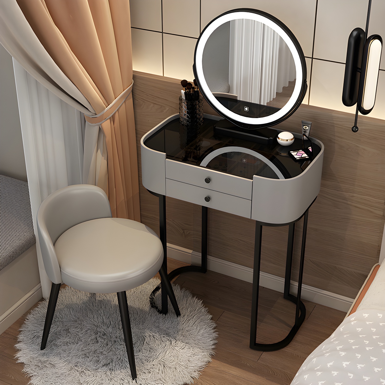 Contemporary Bedroom Makeup Vanity Desk Glass Vanity Dressing Table with Stool