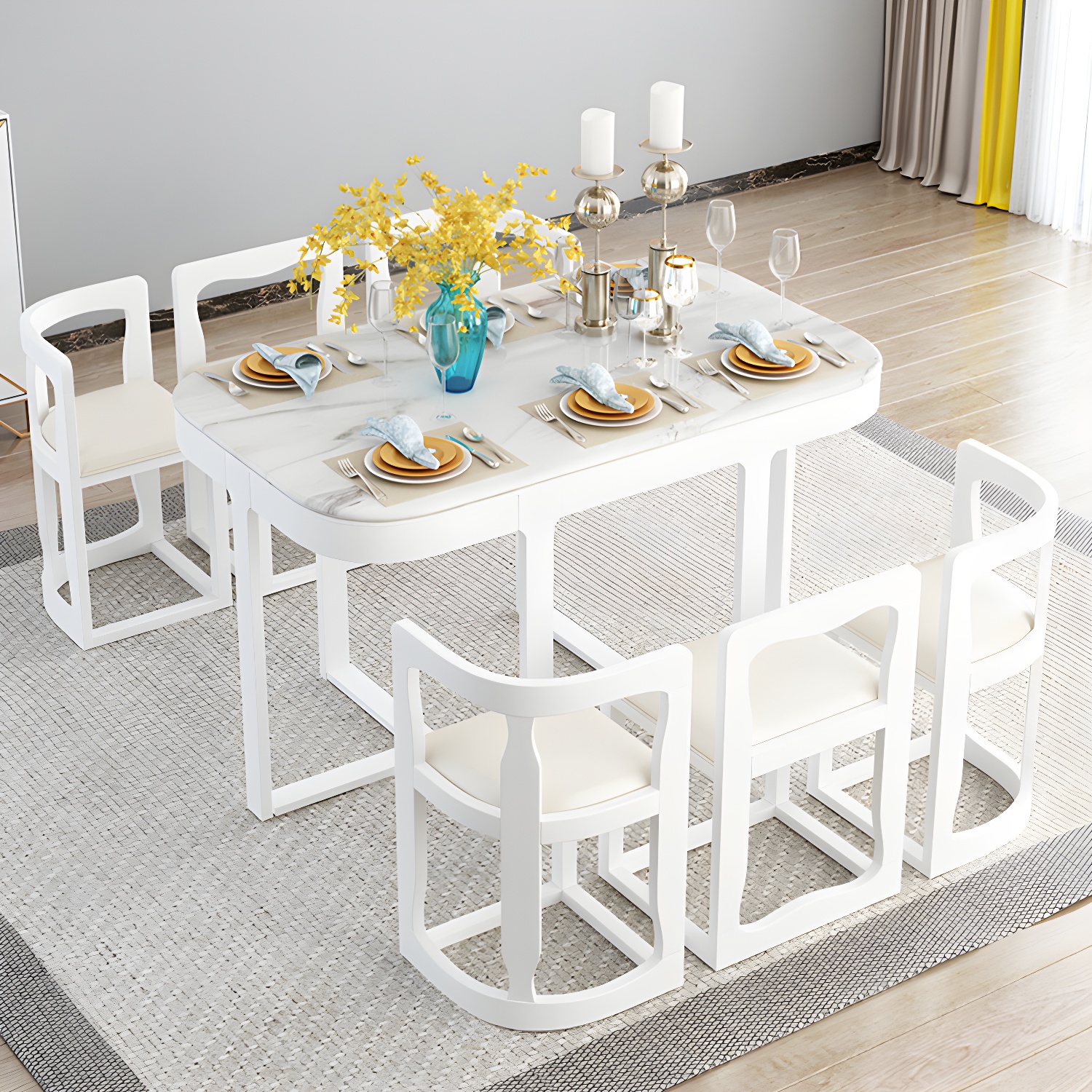 7-Piece Modern Wood Dining Set with Trestle Base and Upholstered Chairs in White - Seats 6 - image 17