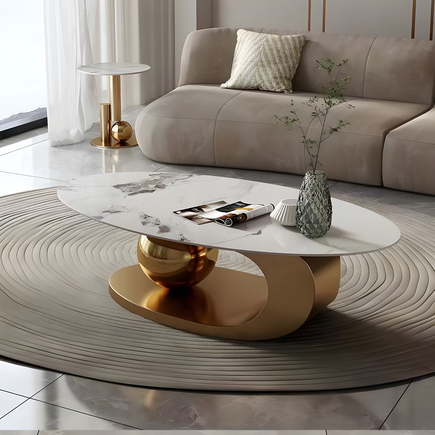 Oval Coffee Table with Stainless Steel Base Made of Rock Sheet - image 5
