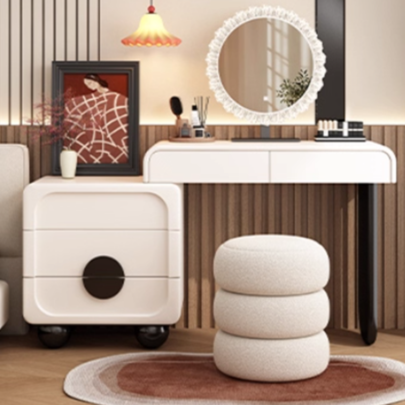 Large/Standard Vanity Set in White with 5 Drawers, Mirror Lights, Seat, Lighting, and Scalable Design