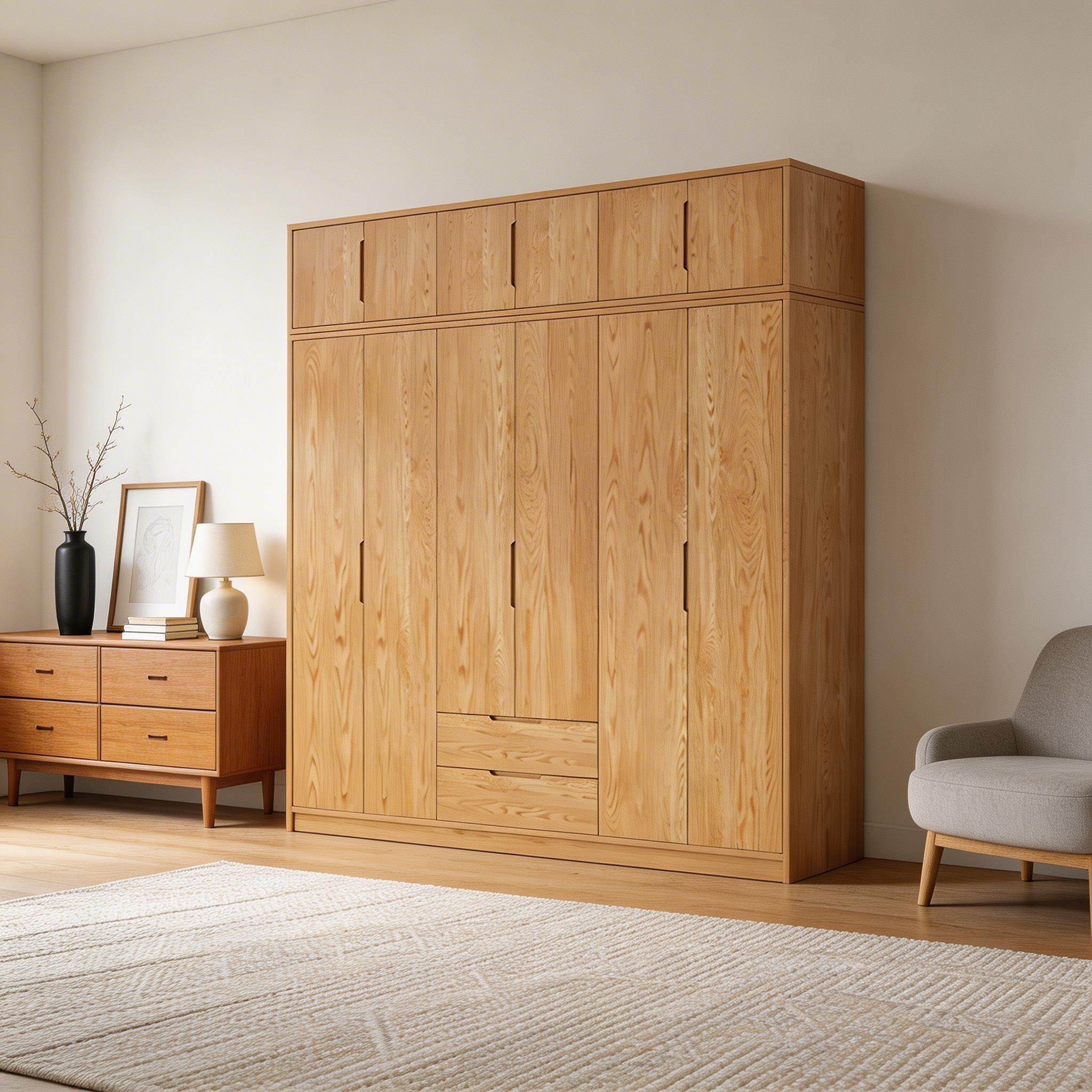 Modern Natural Wood Wardrobe Armoire with Sliding Doors, Drawers, and Shelves - image 22