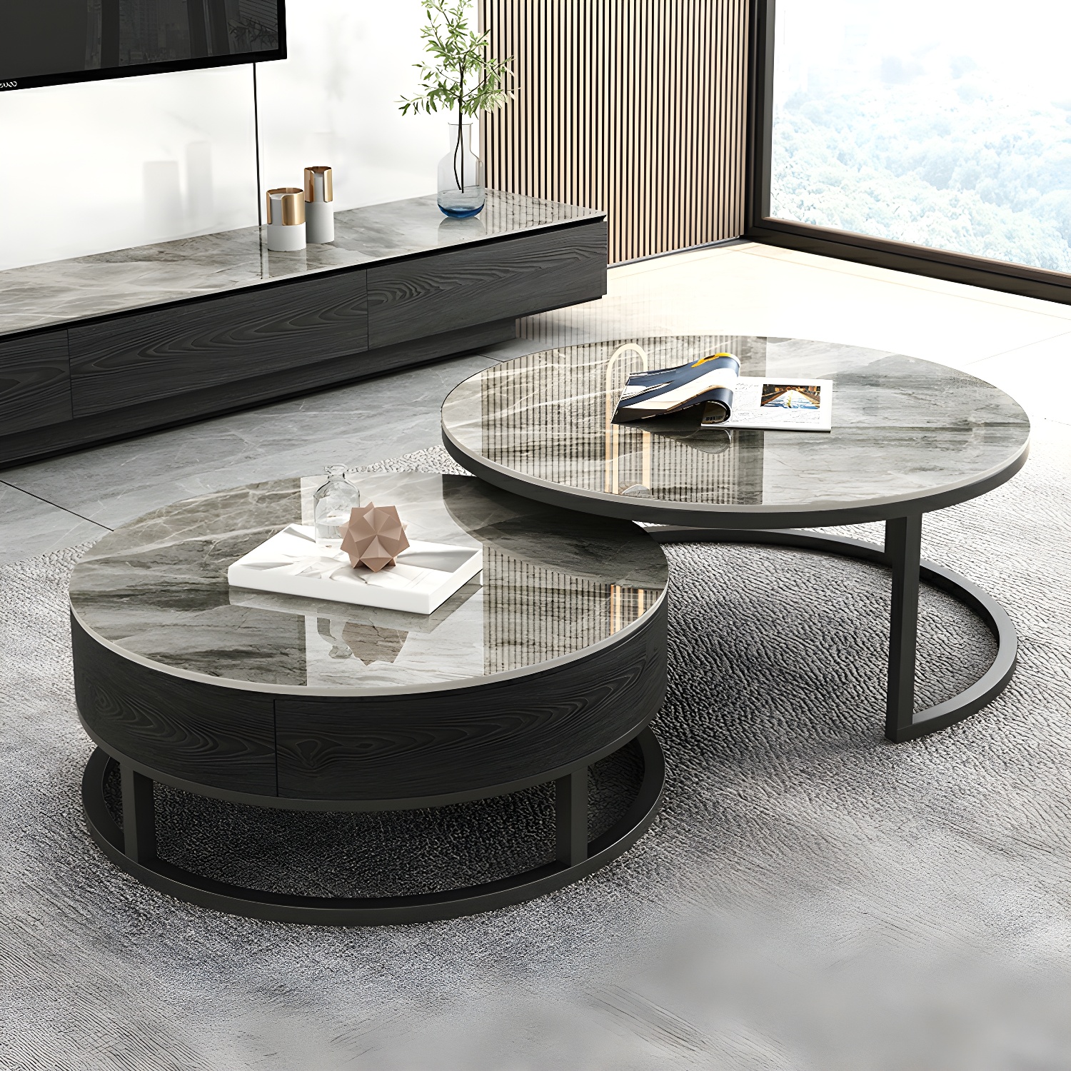 Set of 2 Round Stone Top Modern Nesting Tables with Black Metal Frames and Drawers Included