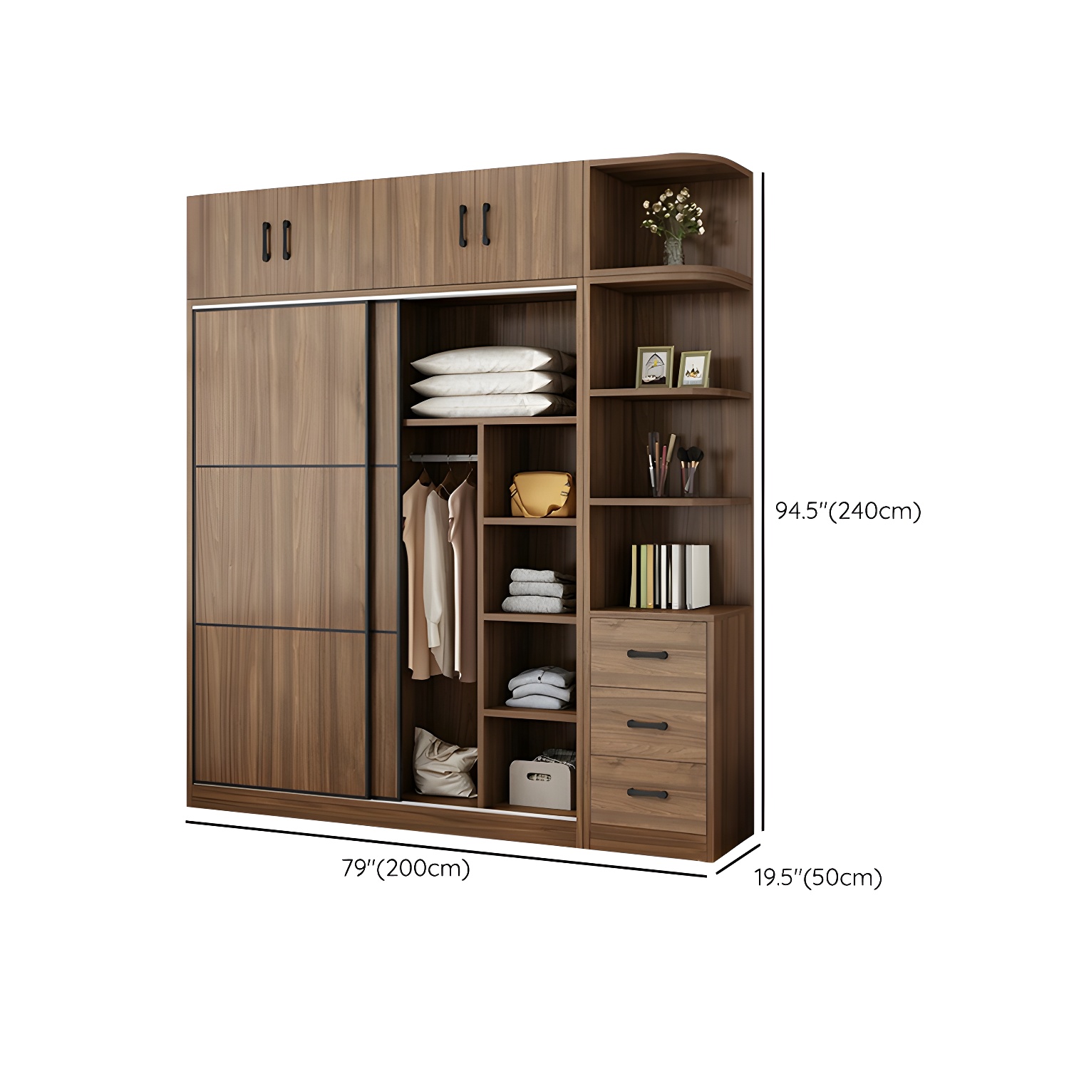 Non-Adjustable Traditional Brown Wood Wardrobe Armoire with Sliding Doors & Soft Close Drawers - image 30