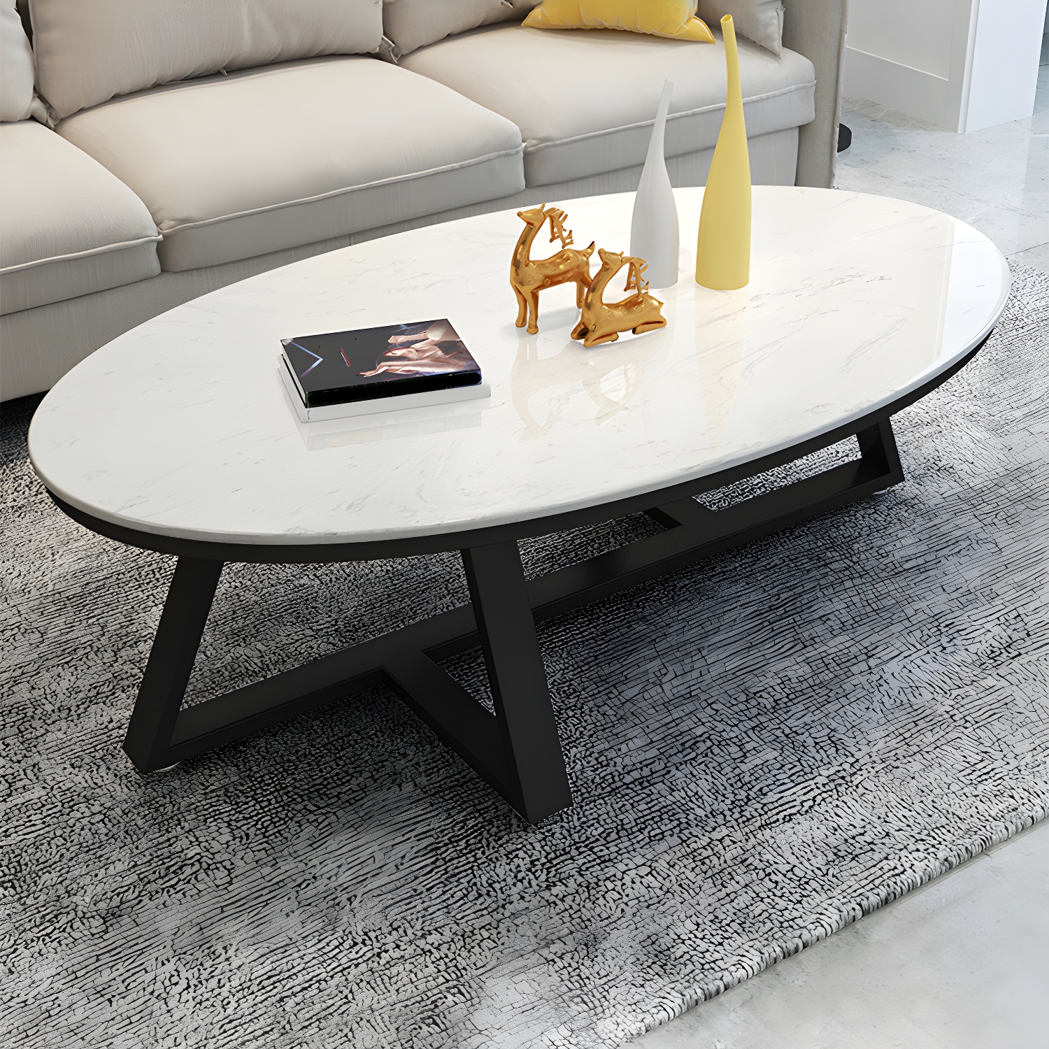 Faux Marble and Stone Coffee Table Cross Legs Cocktail Table