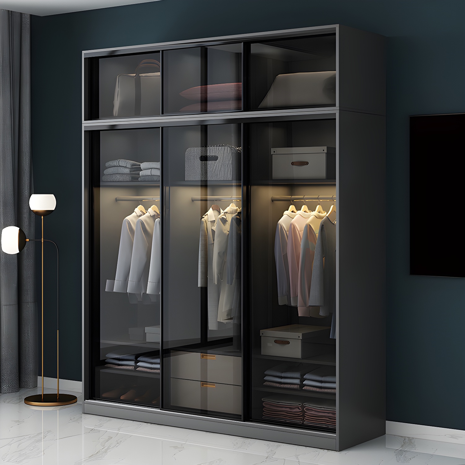 Contemporary Wood and Tempered Glass Wardrobe Freestanding Wardrobe Armoire without Light