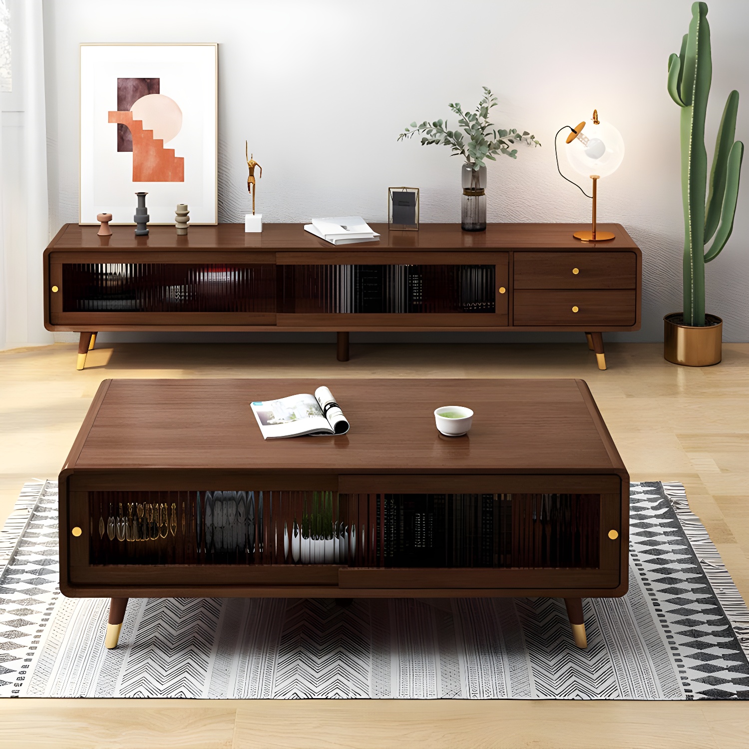 Scandinavian Style Low Height Wood TV Stand With 2 Drawers and Cabinet, Size 15.7'' x 17.7'' - image 4