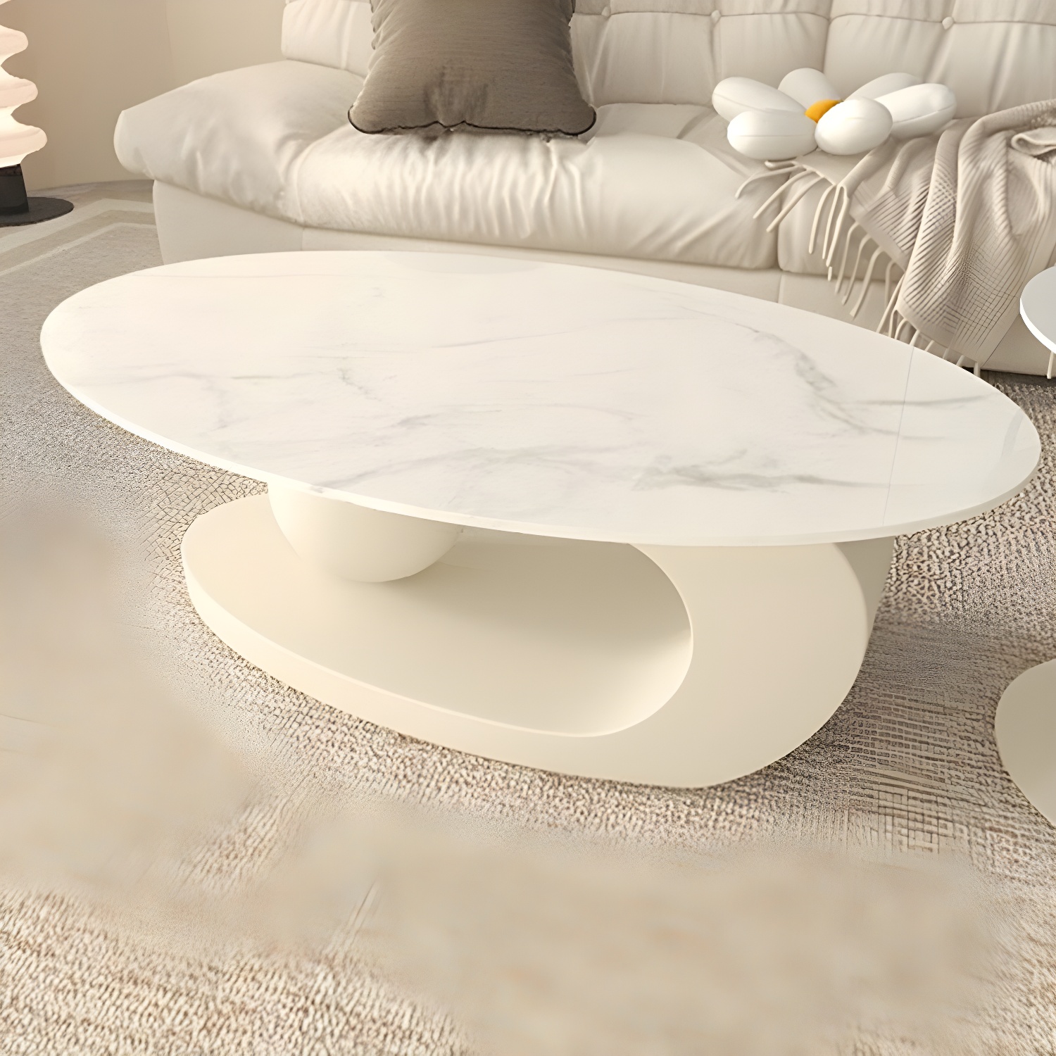 White Stone Modern Coffee Table with Abstract Steel Base for Living Room