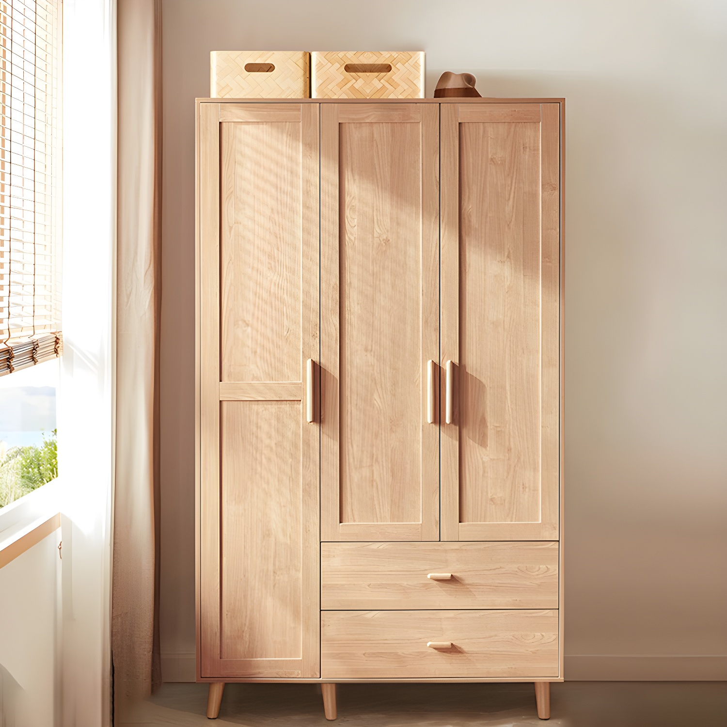 Modern Natural Wood Wardrobe Armoire with Clothing Rod, Shelves, and Soft-Close Drawers - image 11