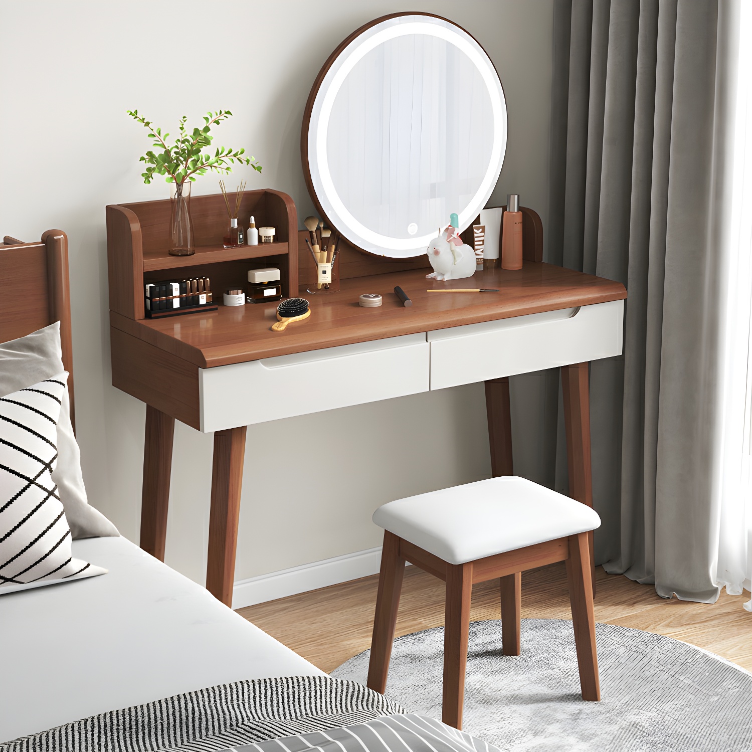 Light Wood/Bleached Wood/Gray Wood Sleeping Room 2 Drawers Lighting System with Tabletop Storage