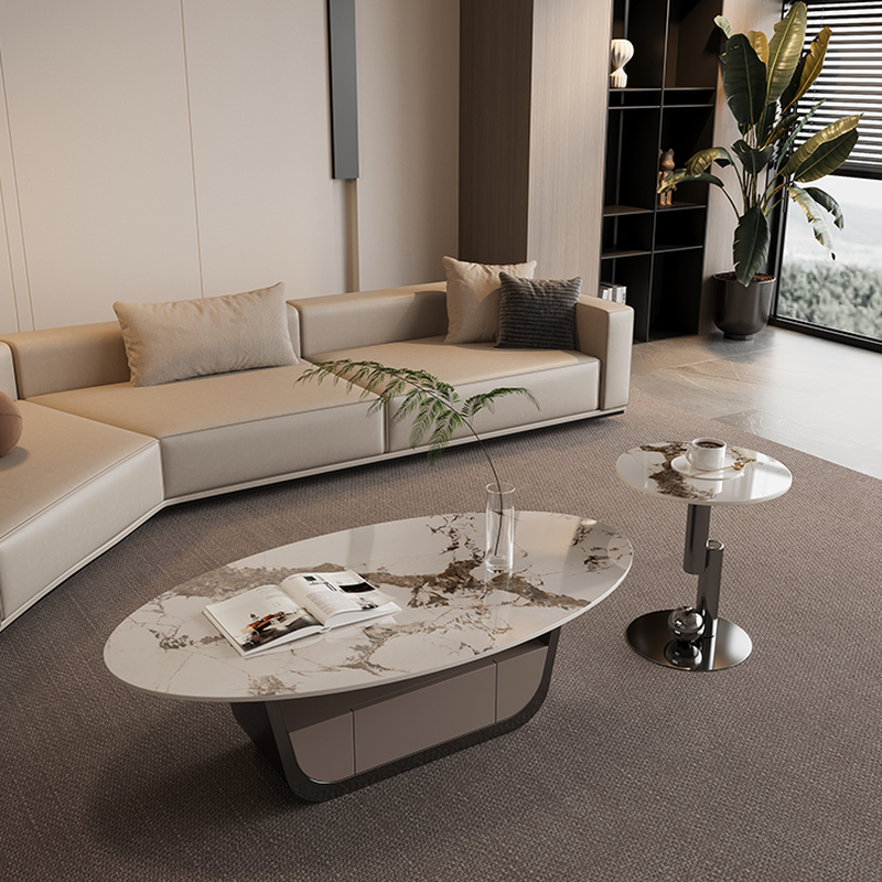 Glamorous Oblong Stone Coffee Table with Abstract Base, Scratch-proof and Drawer for Small Spaces - image 5