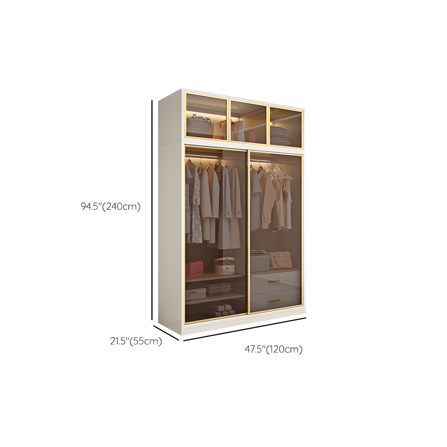 Modern White Wood Frame Wardrobe Freestanding Wardrobe with Sliding Glass Doors - image 17