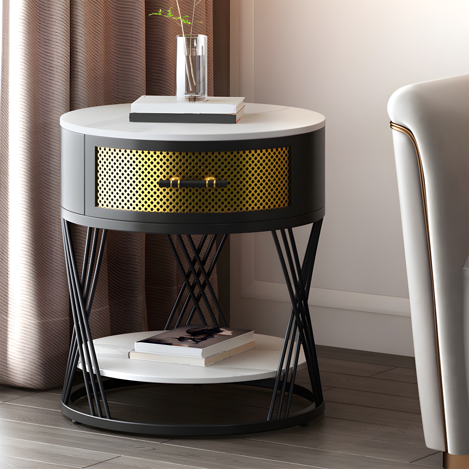 Glam Stone Top Night Table Open Storage 1-Drawer Metal Legs Included Nightstand - image 12