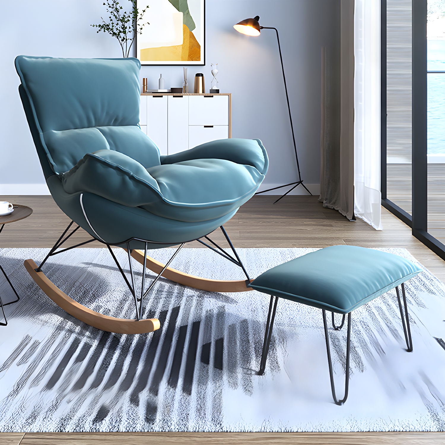 Contemporary Rocker Chair Antique Finish Rocking Chair with Ottoman