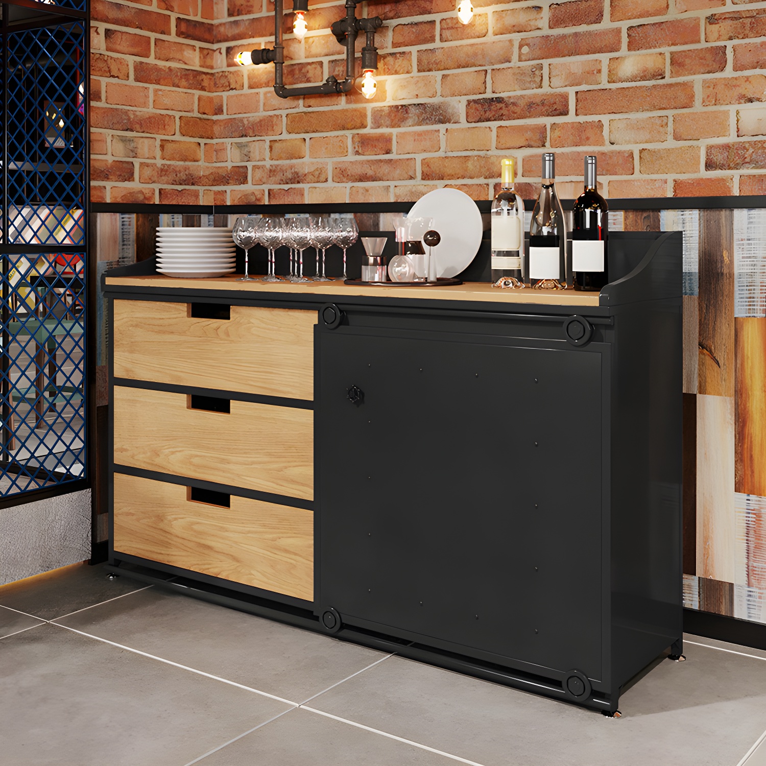 Industrial Metal Sideboard with Drawers, Cabinets, and Open Storage - 3 Drawers, 1 Interior Shelf - image 7