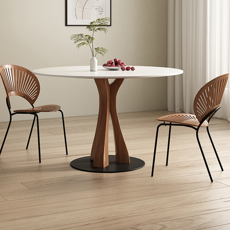 White Stone Round Modern Dining Table with Ash Wood Pedestal Base - image 3
