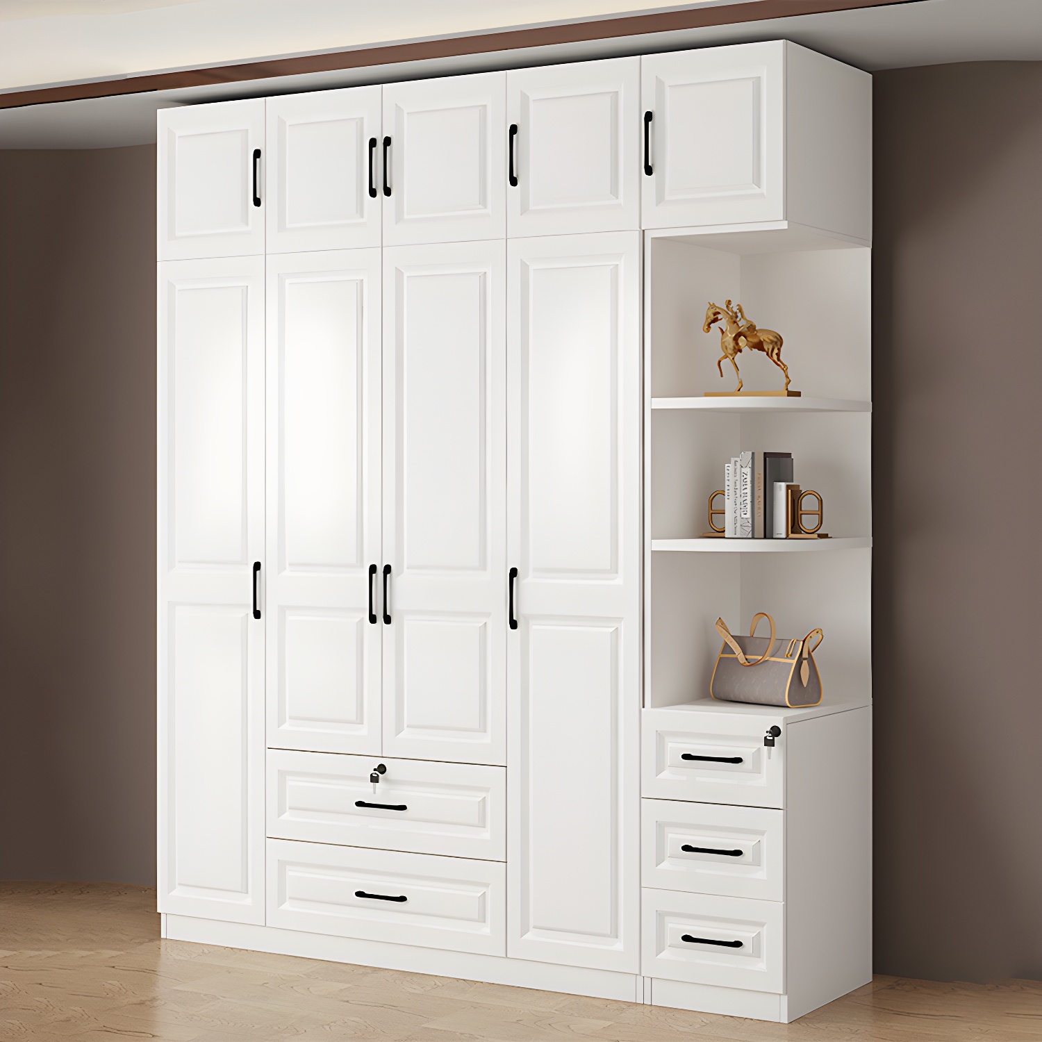 Wood White Modern Wardrobe Armoire with Drawers, Shelves, and Clothing Rod