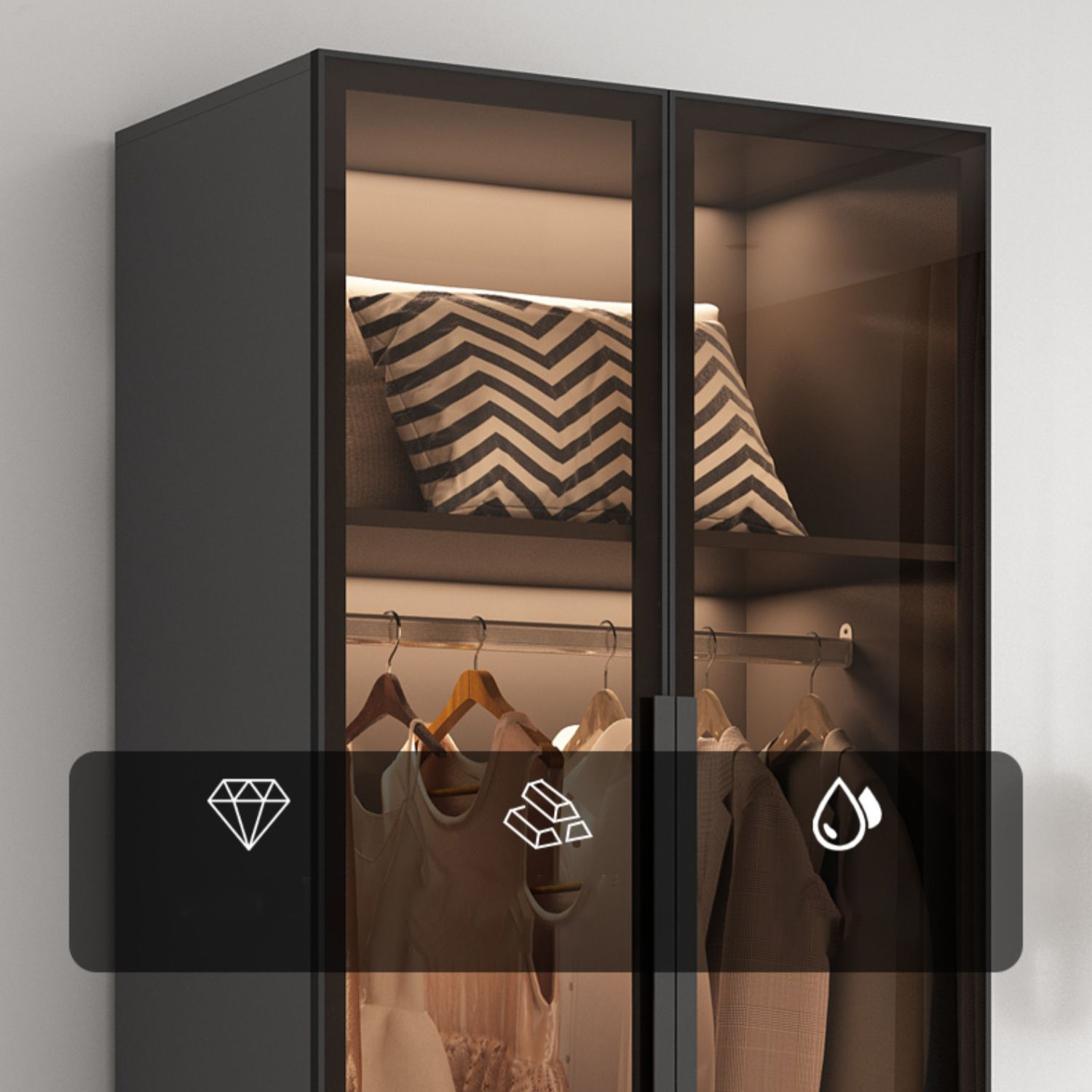 Freestanding Grey Wood Frame Wardrobe Modern Multifunctional Wardrobe with Glass Doors - image 7