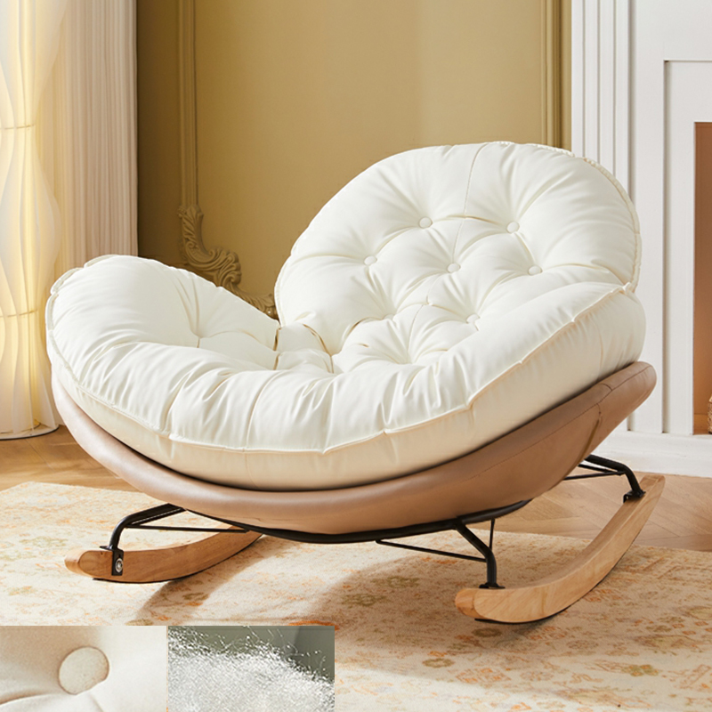 Minimalist Metal Upholstered Indoor Rocking Chair with Ottoman and Spindle Back , Recessed Arm and Natural Wood Finish