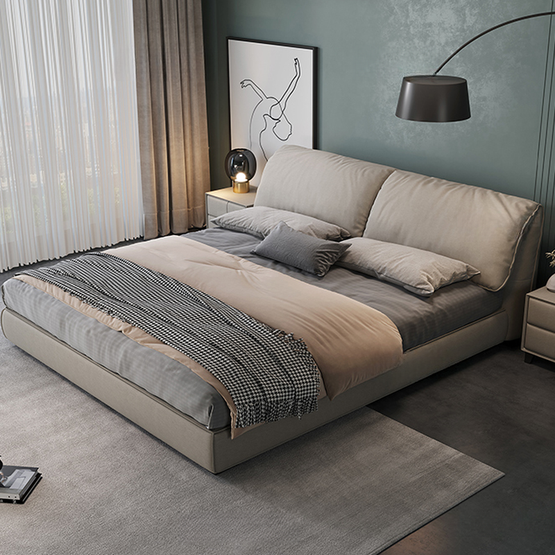 Grey Storage Included Panel Bed with 3 Storage Boxes, Natural Wood Frame, Panel Headboard, and Sponge Upholstery