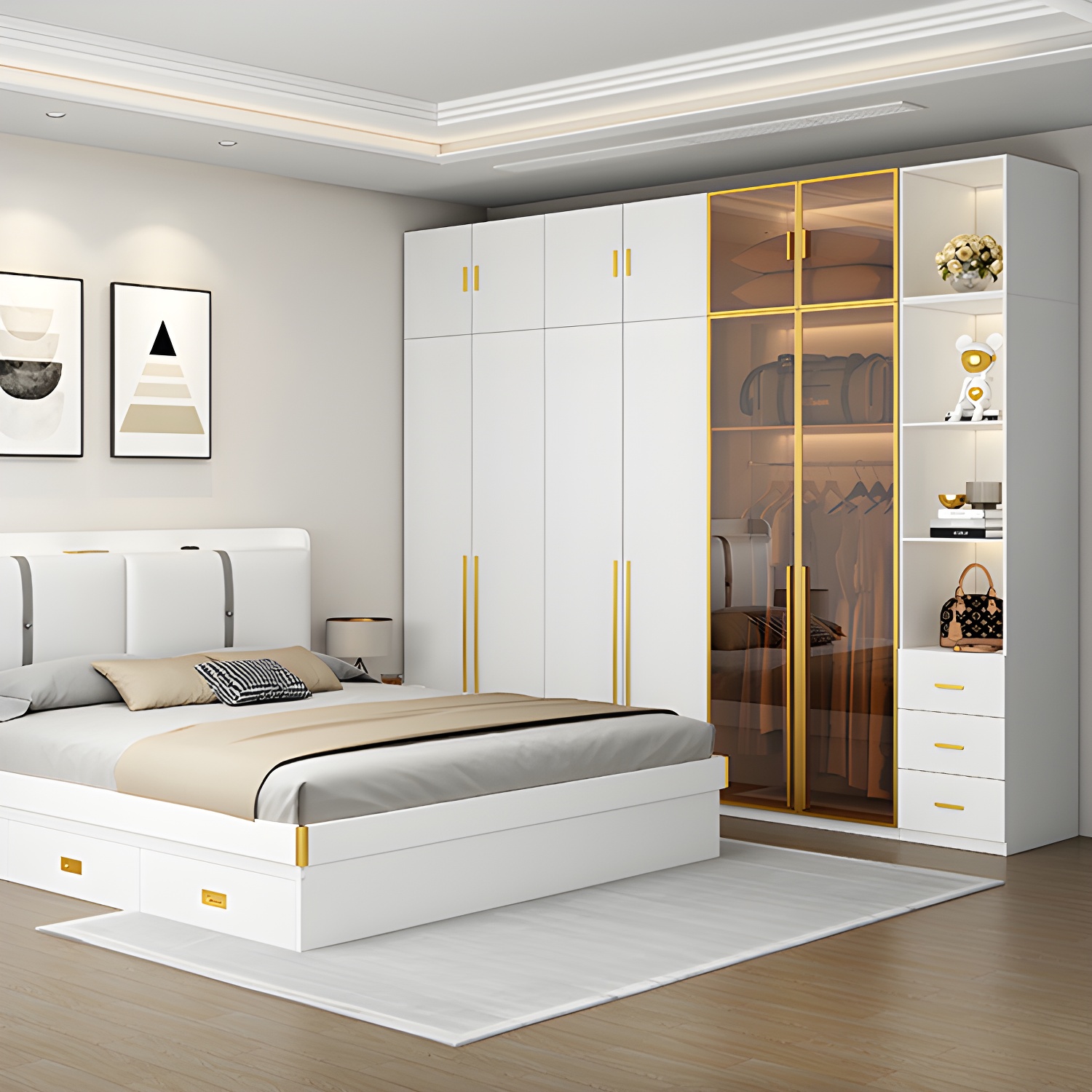 Modern White Wood Frame Wardrobe Armoire Freestanding Wardrobe with Soft Close Drawers - image 4
