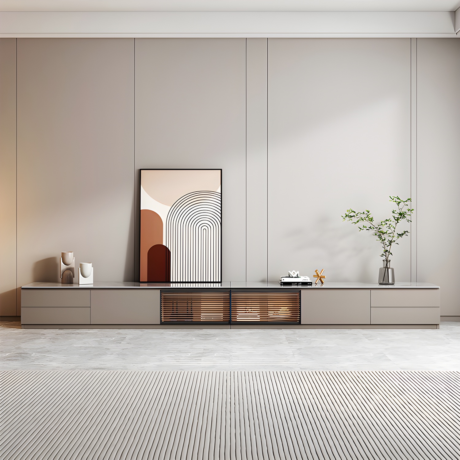 Champagne Stone TV Stand with Drawers and Cabinet for Modern Style and Cable Management