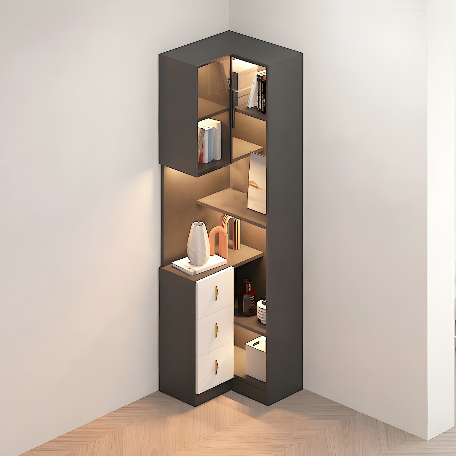 Corner Modern Accent Cabinet with Wood Counter Top, Glass Doors, Drawers, and Adjustable Shelves