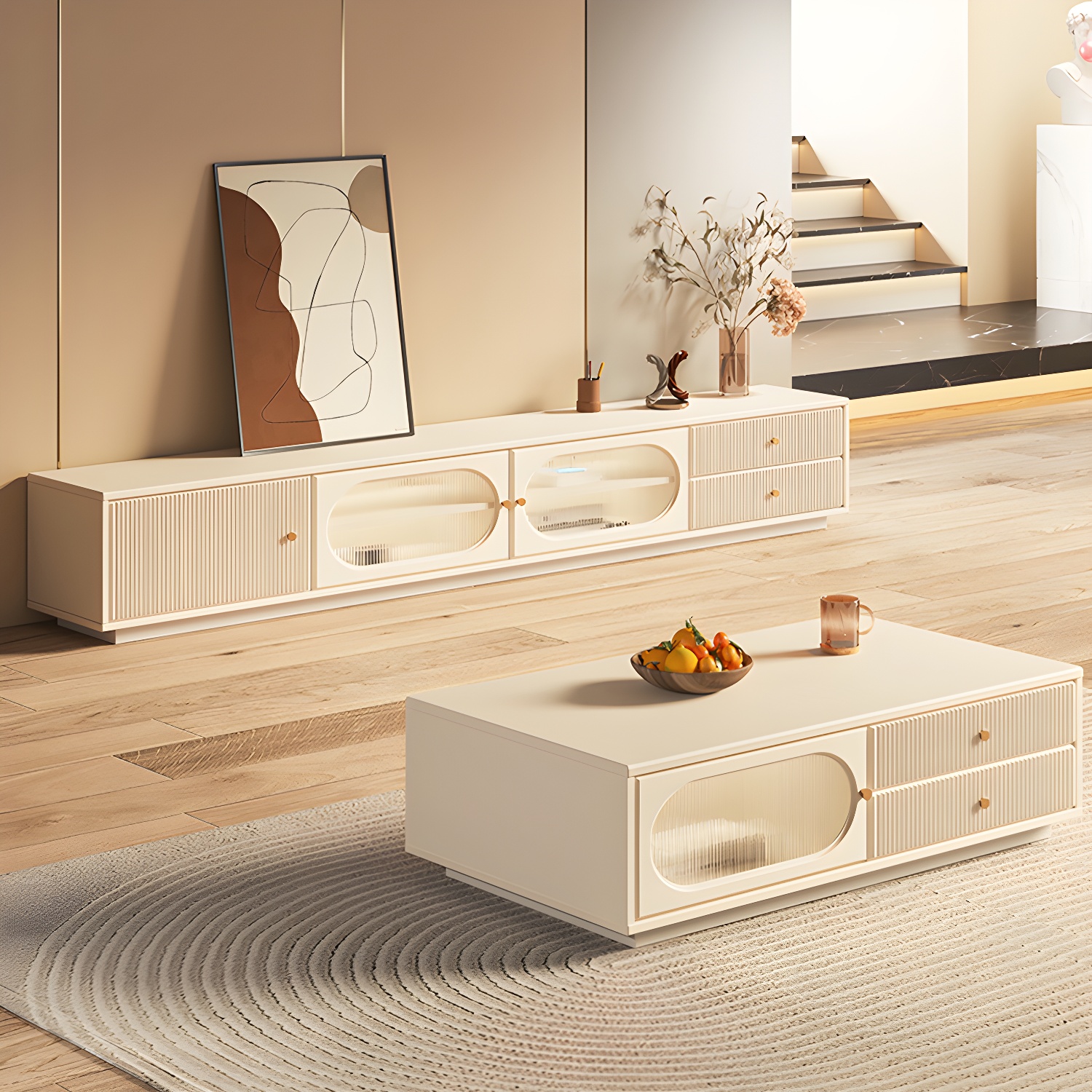 White Cable Management TV Console Modern Engineered Wood Media Console - image 4