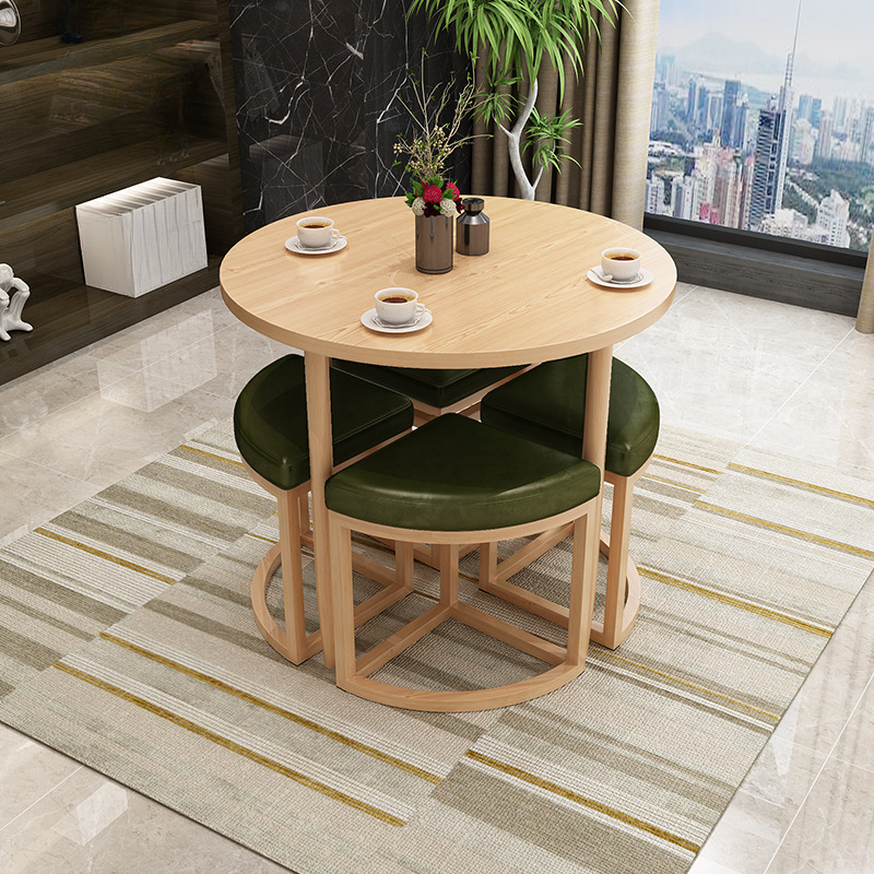 Reclaimed Wood Round Dining Table Set with Metal Toboggan Base and Upholstered Backless Chairs for 4 People - image 17
