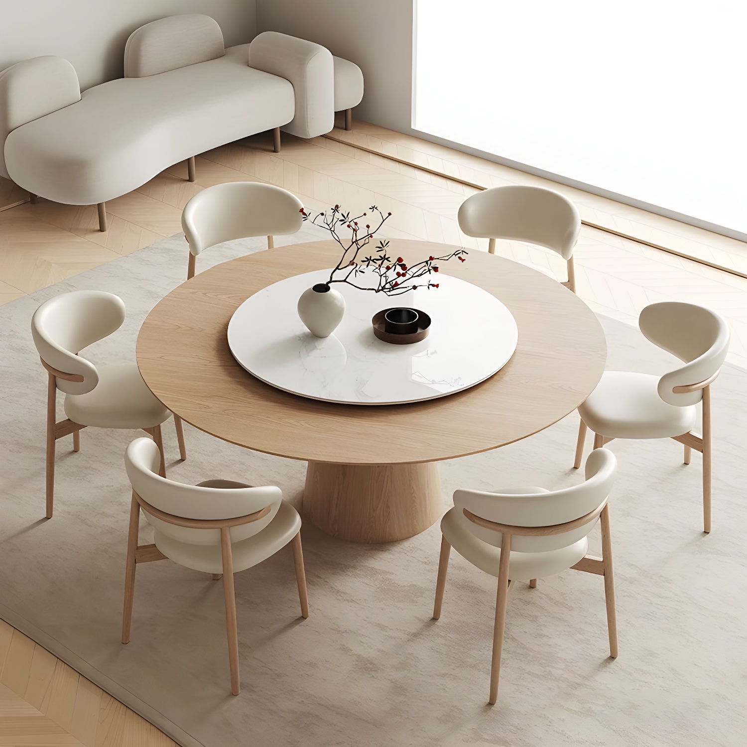 Solid Wood Round Top Dining Table Set with Cushioned Chair for Home