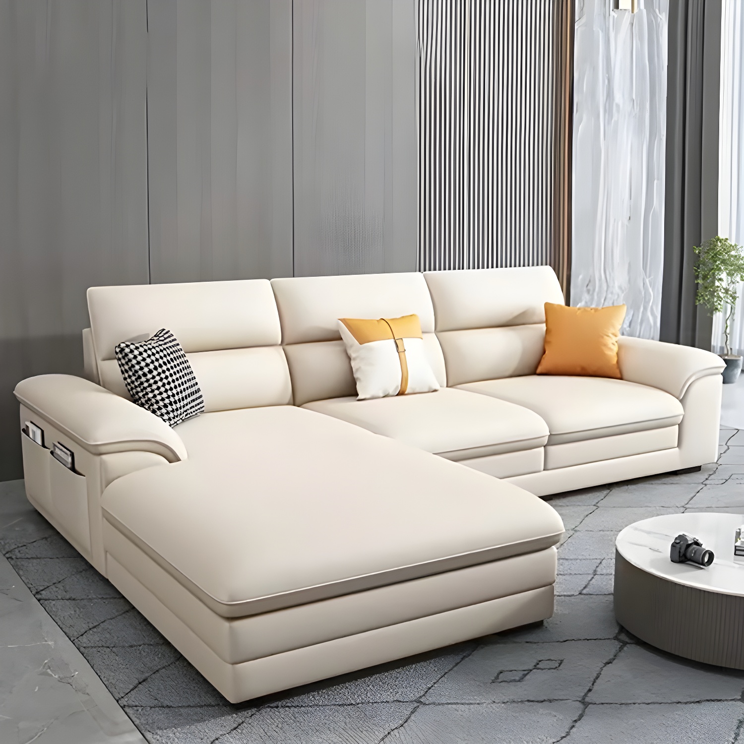 Modern Beige Stationary Sectional Sofa in Scratching Cloth with Wood Frame and Pillow Top Arms