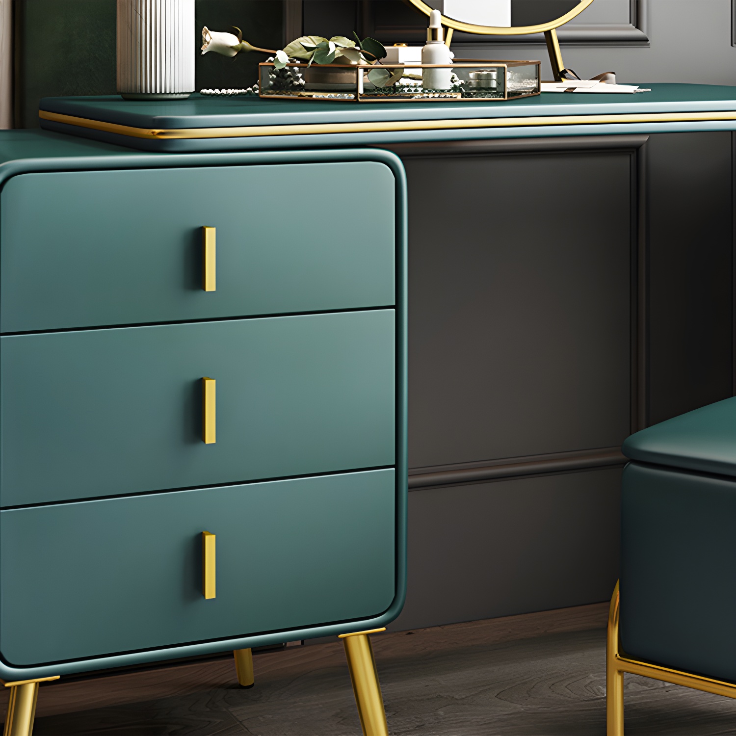 3 Drawers Make-up Vanity Set, 28.74" H Leather Vanity with Stool & Mirror - image 15