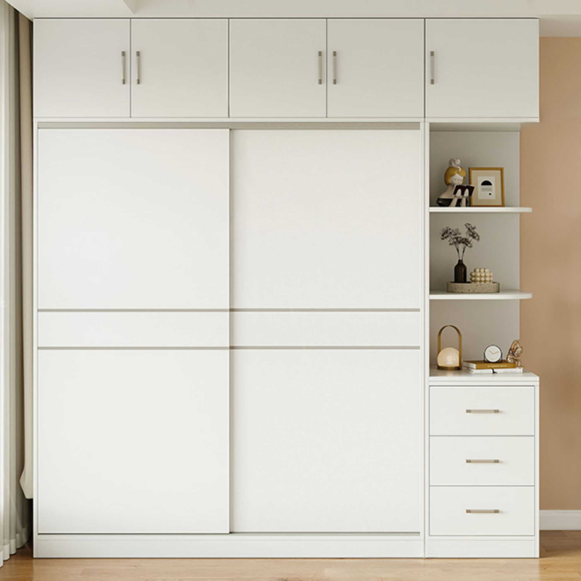 White Modish Manufactured Wood Independent Cabinet Armoire with Soft Close Drawer and Door, Interior Shelves