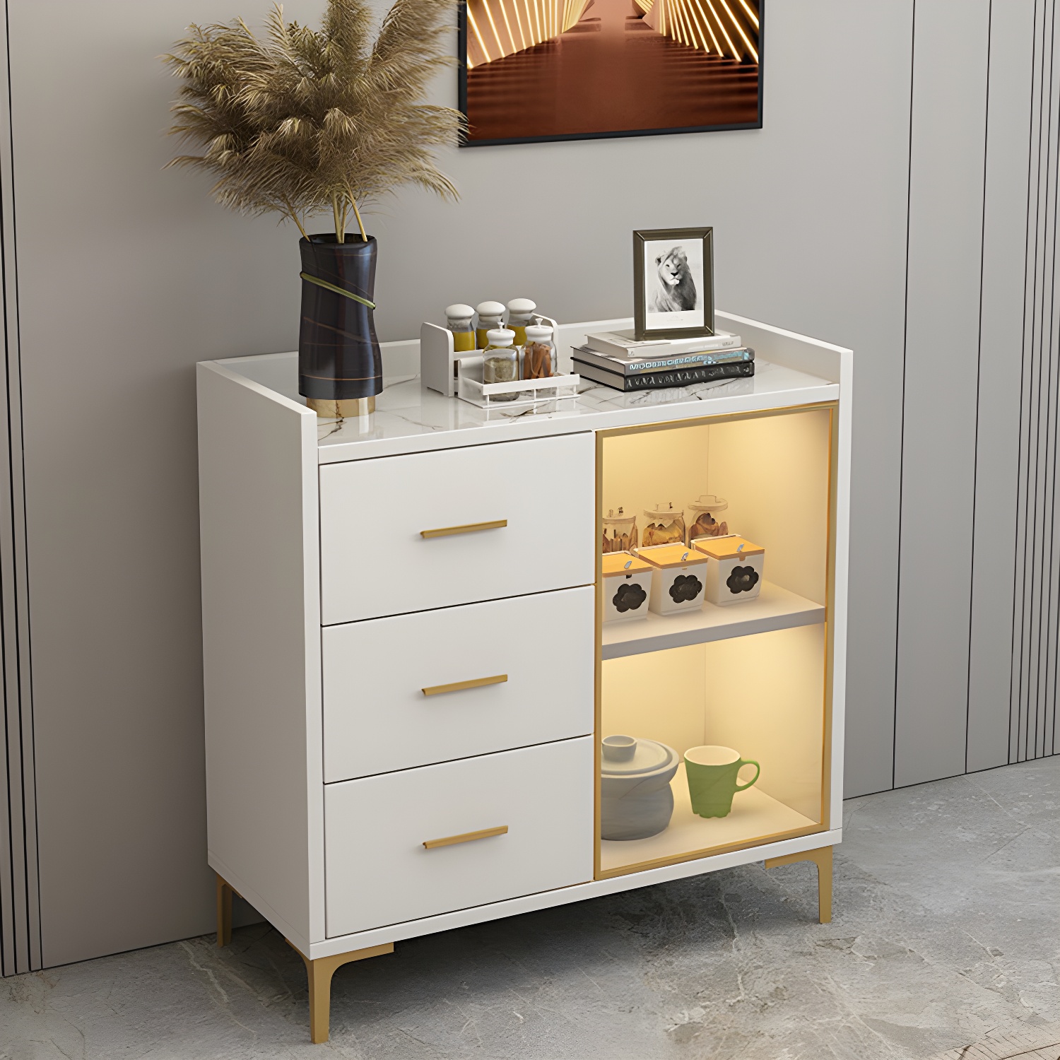Wood Glass Doors Contemporary Style Buffet Sideboard with Cabinets and Drawers - image 6