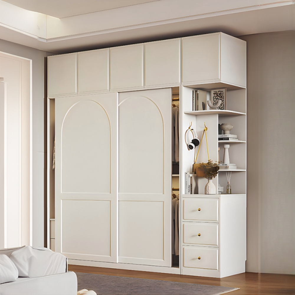 White Minimalist Wooden Wardrobe Closet with Soft Close Drawer, Soft Close Door, Interior Shelves, and Clothing Rod - image 3