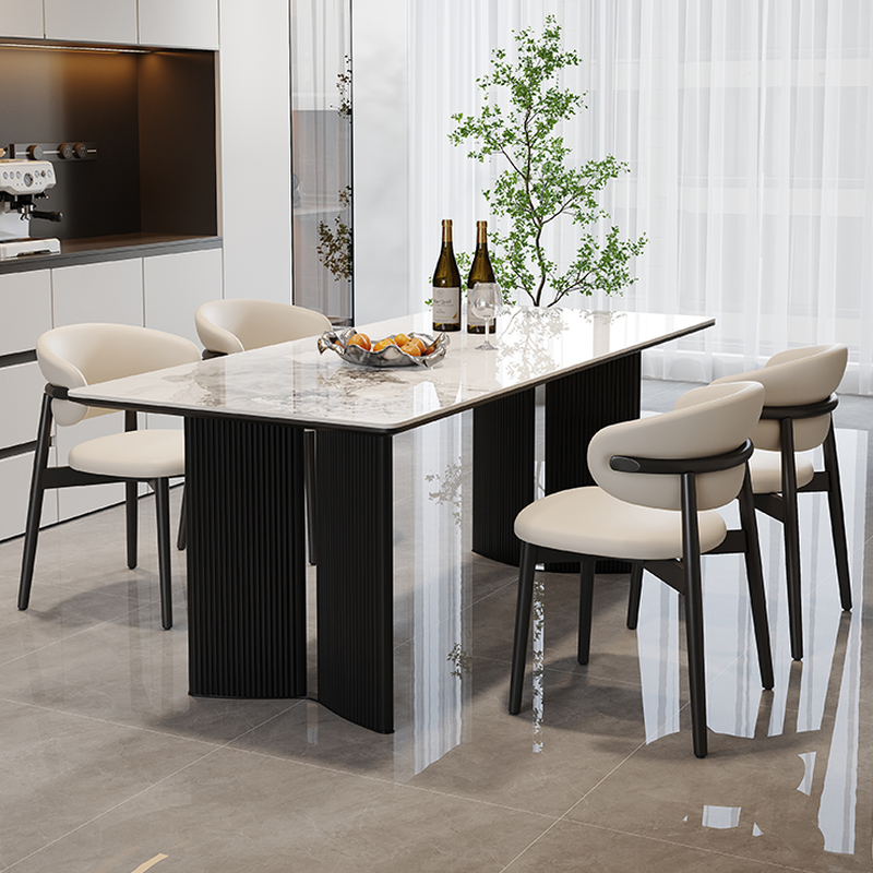 Dining Table Set with Rectangular Slate Stone Top and Two-sided Pedestal, Featuring Padded Chair with Back, 5-piece in White - image 3