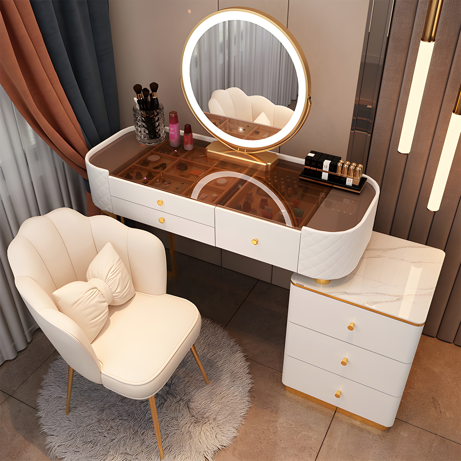 Lighted Mirror & Jewelry Makeup Vanity Metal Dressing Table Stool Set - image 9