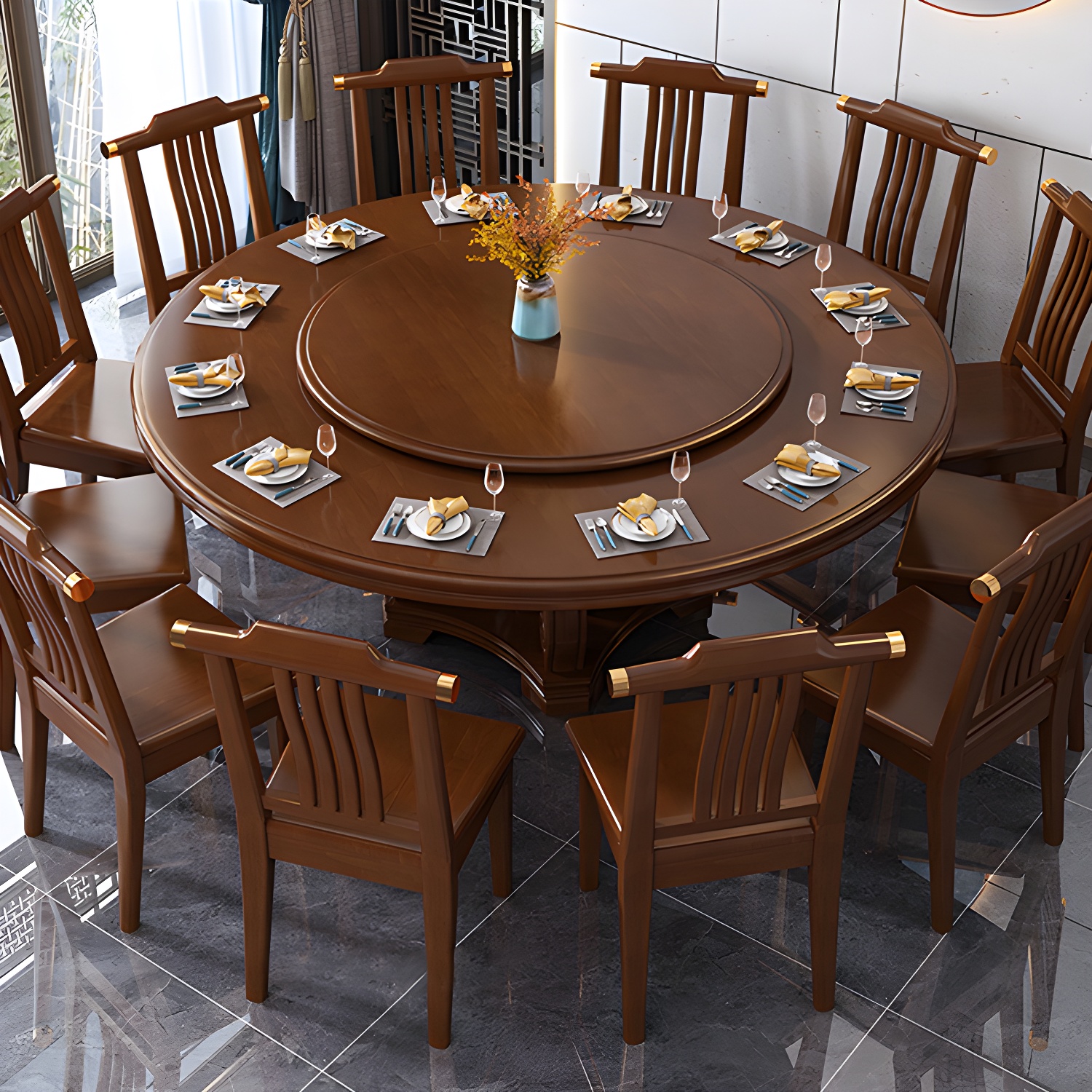 Round Solid Wood Dining Table Modern Turntable Furniture with Pedestal Base - image 16