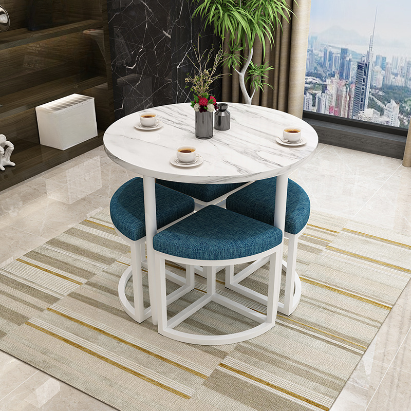 Reclaimed Wood Round Dining Table Set with Metal Toboggan Base and Upholstered Backless Chairs for 4 People - image 38