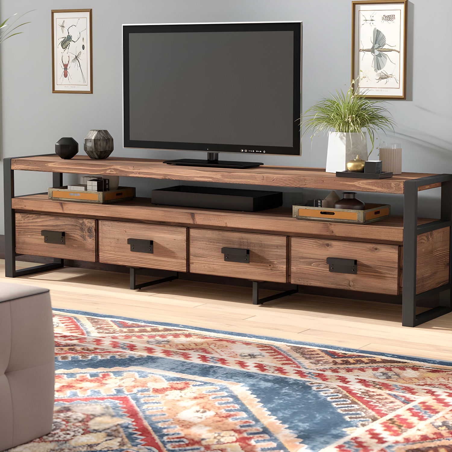 Industrial Wood TV Stand Console Open Storage TV Media Stand with Drawers for Living Room