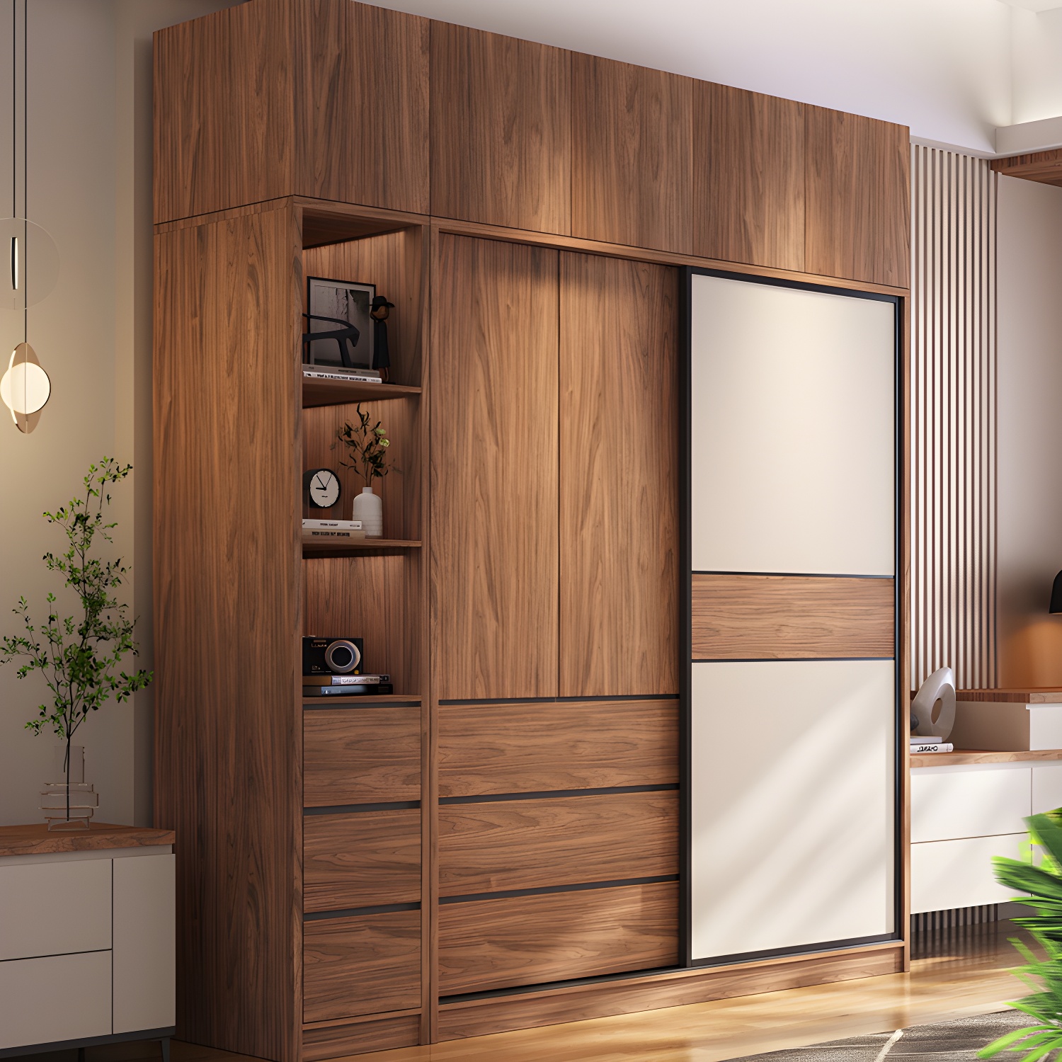 Modern Freestanding Wardrobe Brown Wood Wardrobe Armoire with Drawers - image 3