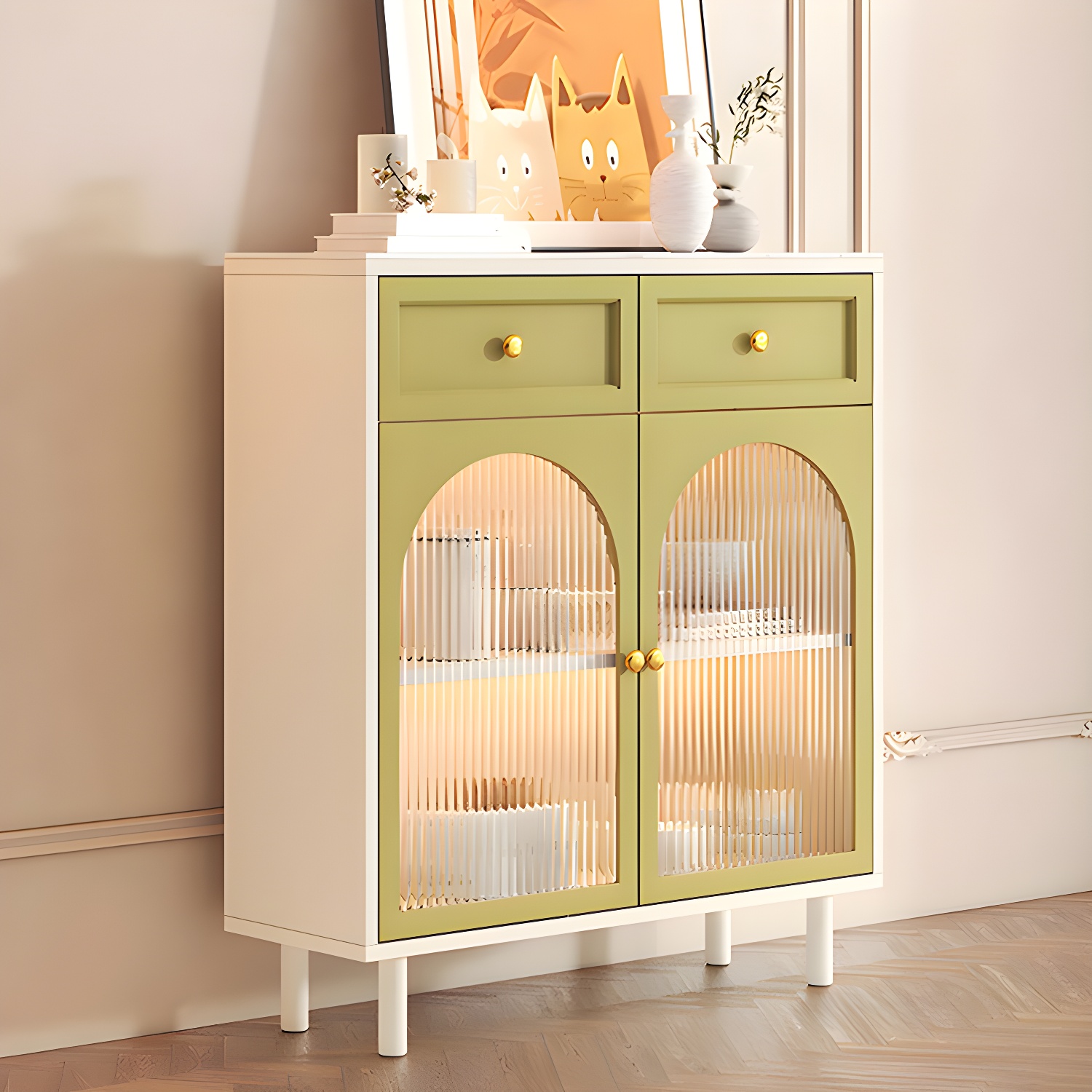 Scandinavian Wood Buffet Sideboard with Stone Countertop and Glass Doors