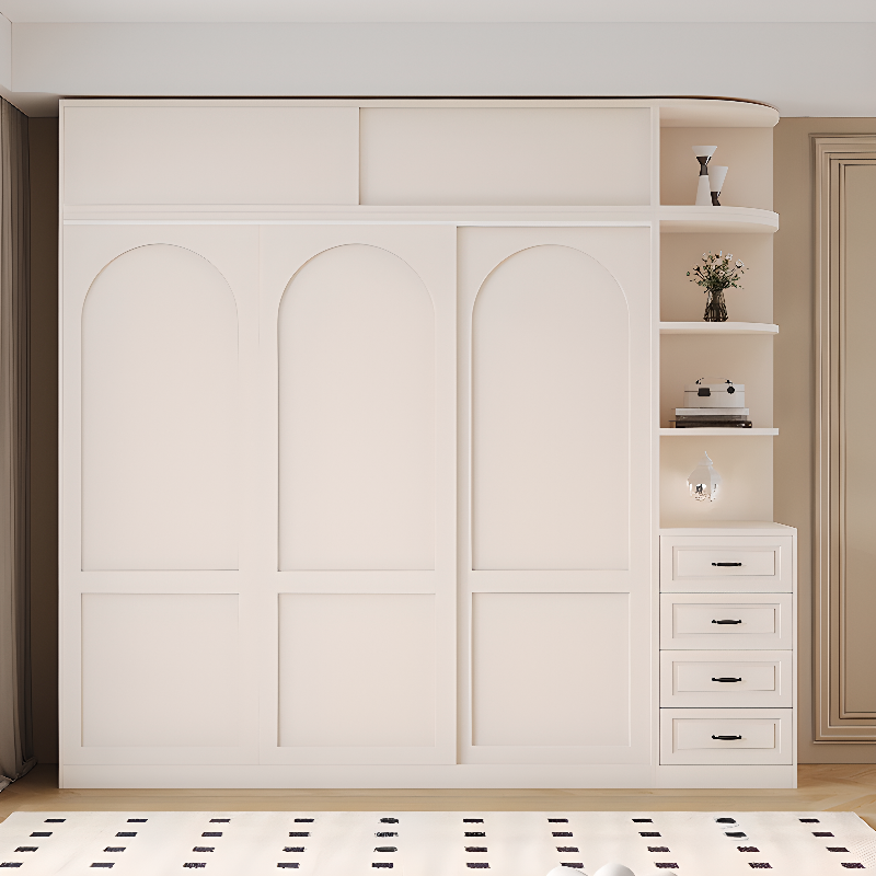 Contemporary White Engineered Wood Cabinet Armoire with Multiple Drawers, Interior Shelves, and Hanging Rod
